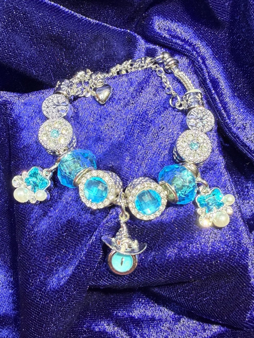 Silver-Tone Blue Crystal Charm Bracelet -
